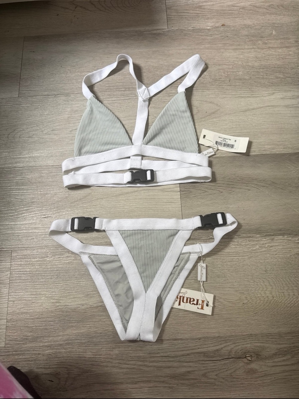 Frankie's Bikinis Sage Ribbed Triangle Bikini with White Trim and Buckles